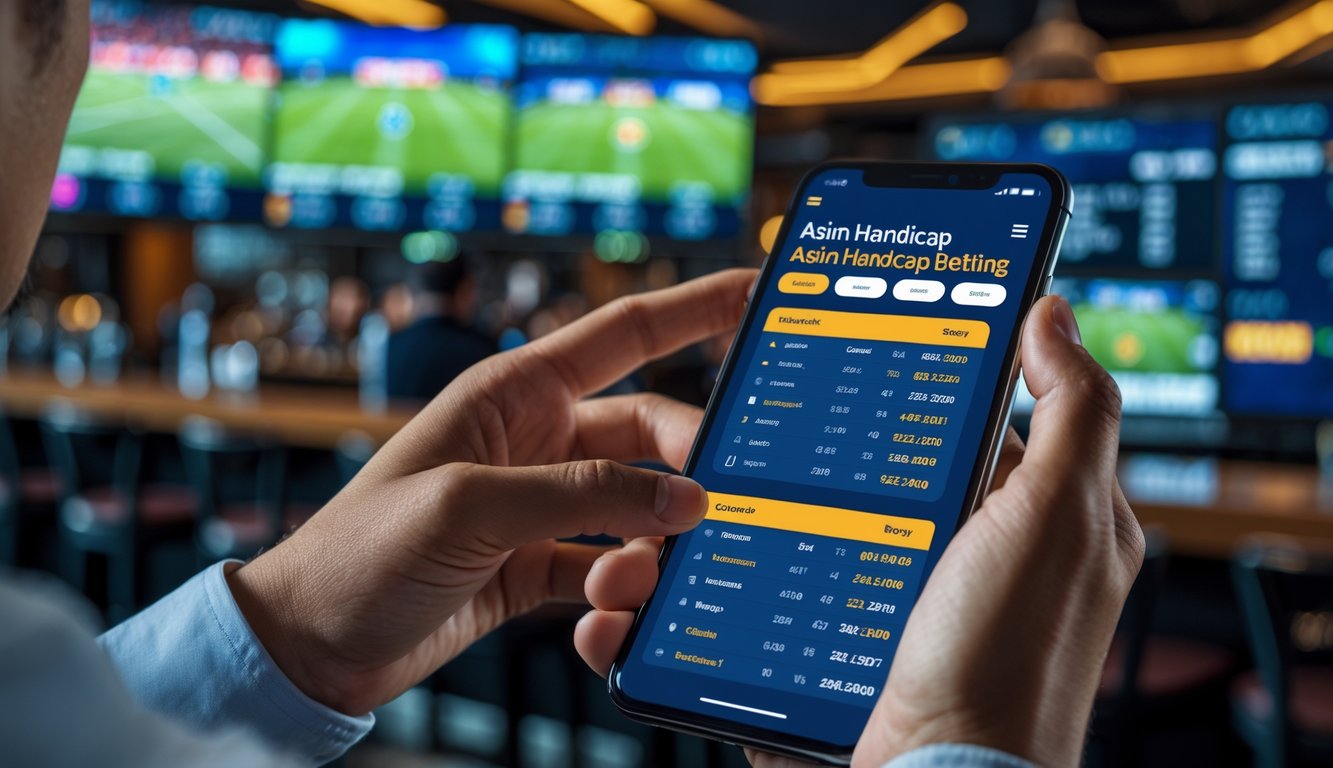 Seseorang menggunakan ponsel untuk memasang taruhan olahraga dengan latar belakang layar pertandingan sepak bola.