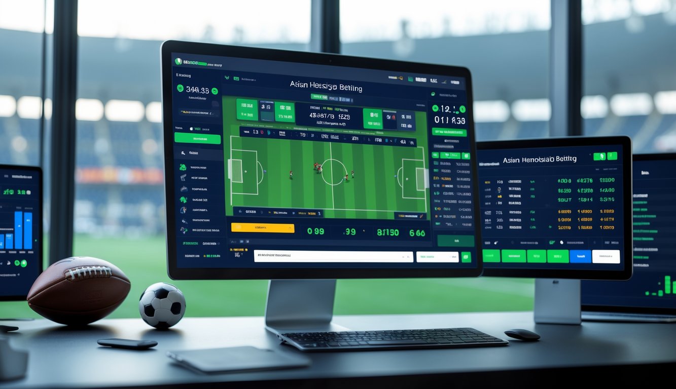 Suasana ruang kerja modern dengan layar komputer menampilkan skor pertandingan sepak bola dan peluang taruhan handicap Asia.