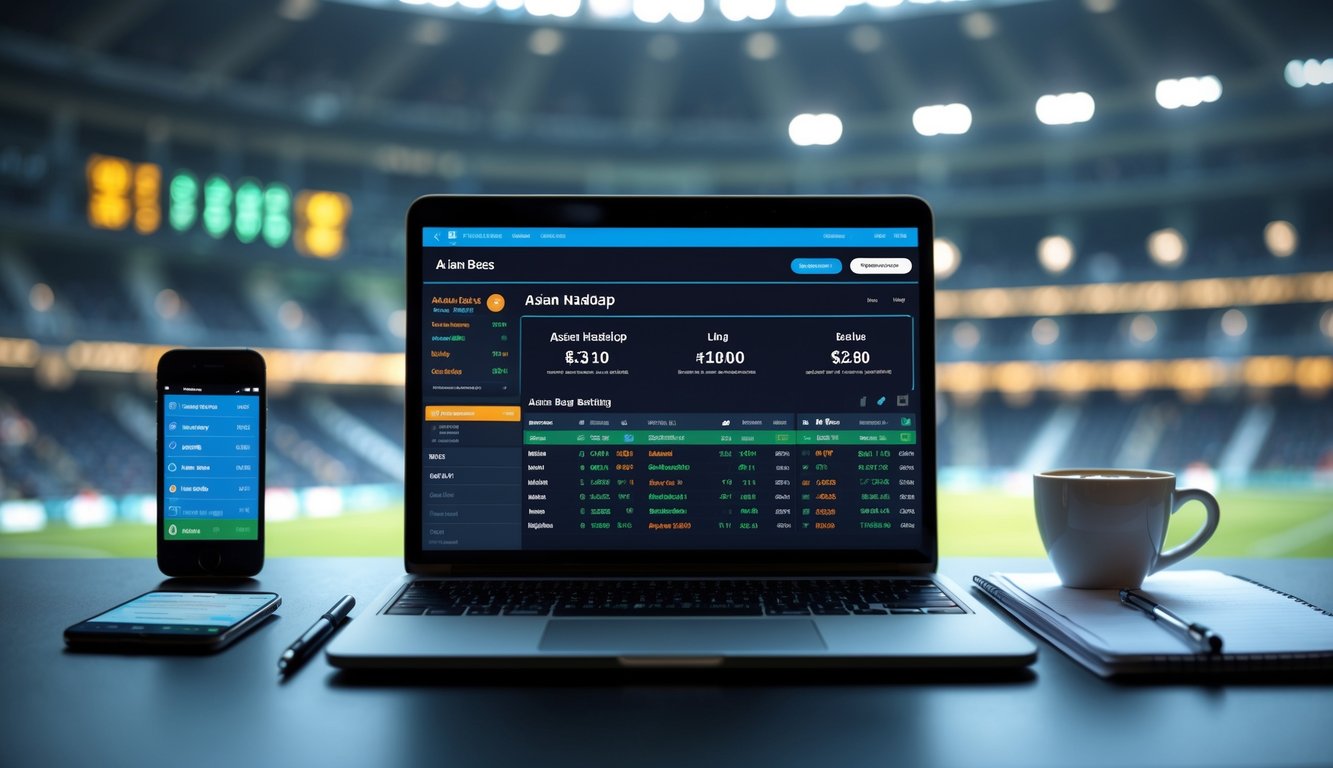 Seorang pria menggunakan laptop di meja kerja dengan tampilan situs taruhan olahraga Asia, dikelilingi oleh smartphone dan alat tulis.