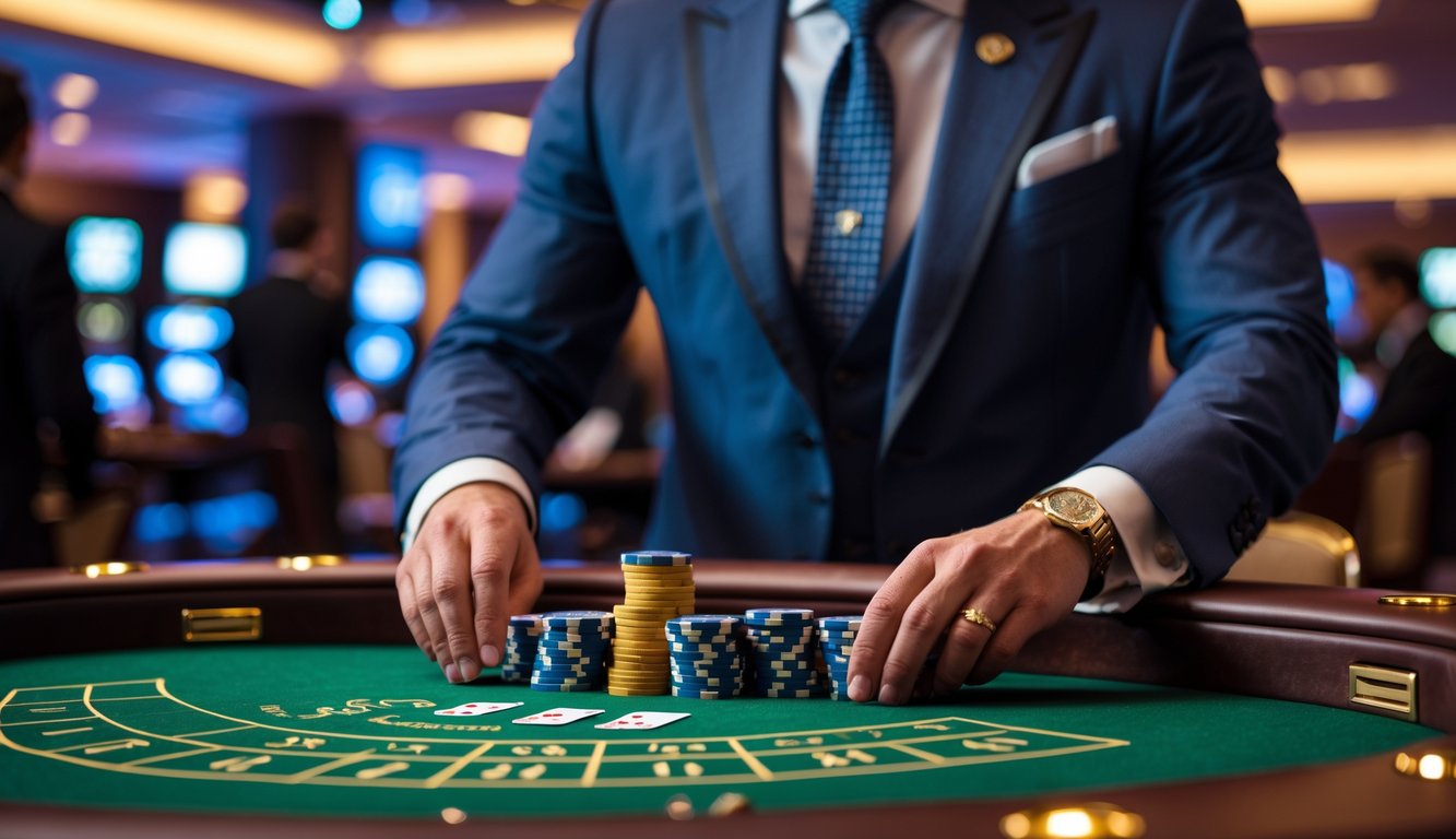 Seorang pria berpakaian rapi sedang bermain baccarat di meja kasino dengan suasana mewah dan pencahayaan hangat.