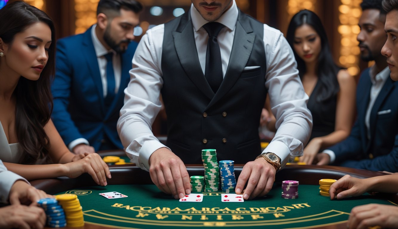 Seorang dealer dan beberapa pemain sedang bermain Baccarat di meja kasino dengan suasana yang serius dan fokus.