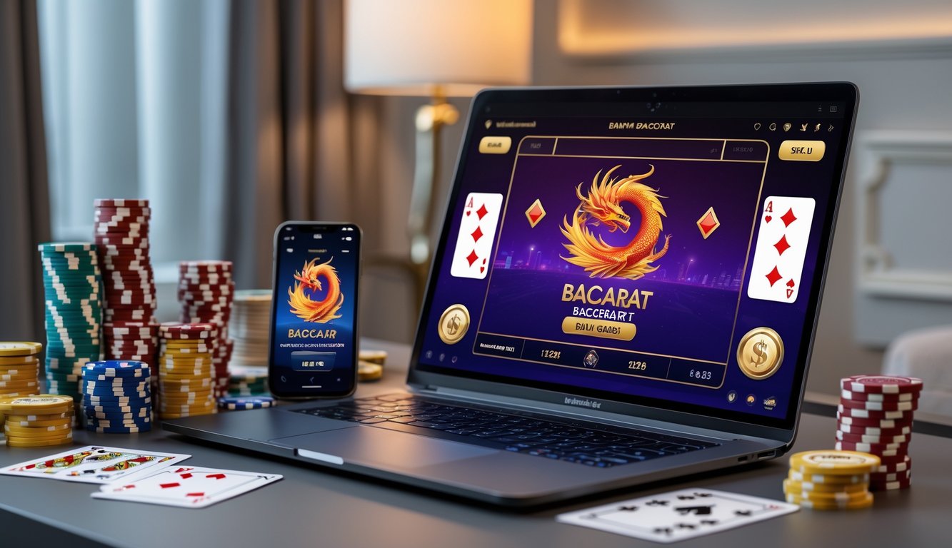 Seorang pemula bermain permainan Bandar Dragon Bonus Baccarat online di laptop dengan kartu dan chip poker di meja dalam ruangan yang nyaman.