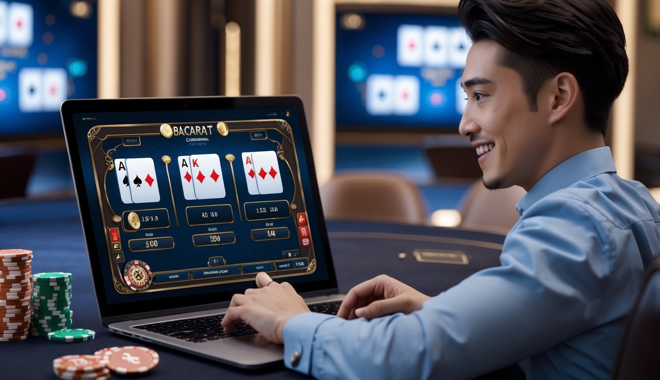 Seorang pemain muda sedang menggunakan perangkat digital untuk bermain baccarat online di lingkungan kasino yang elegan.