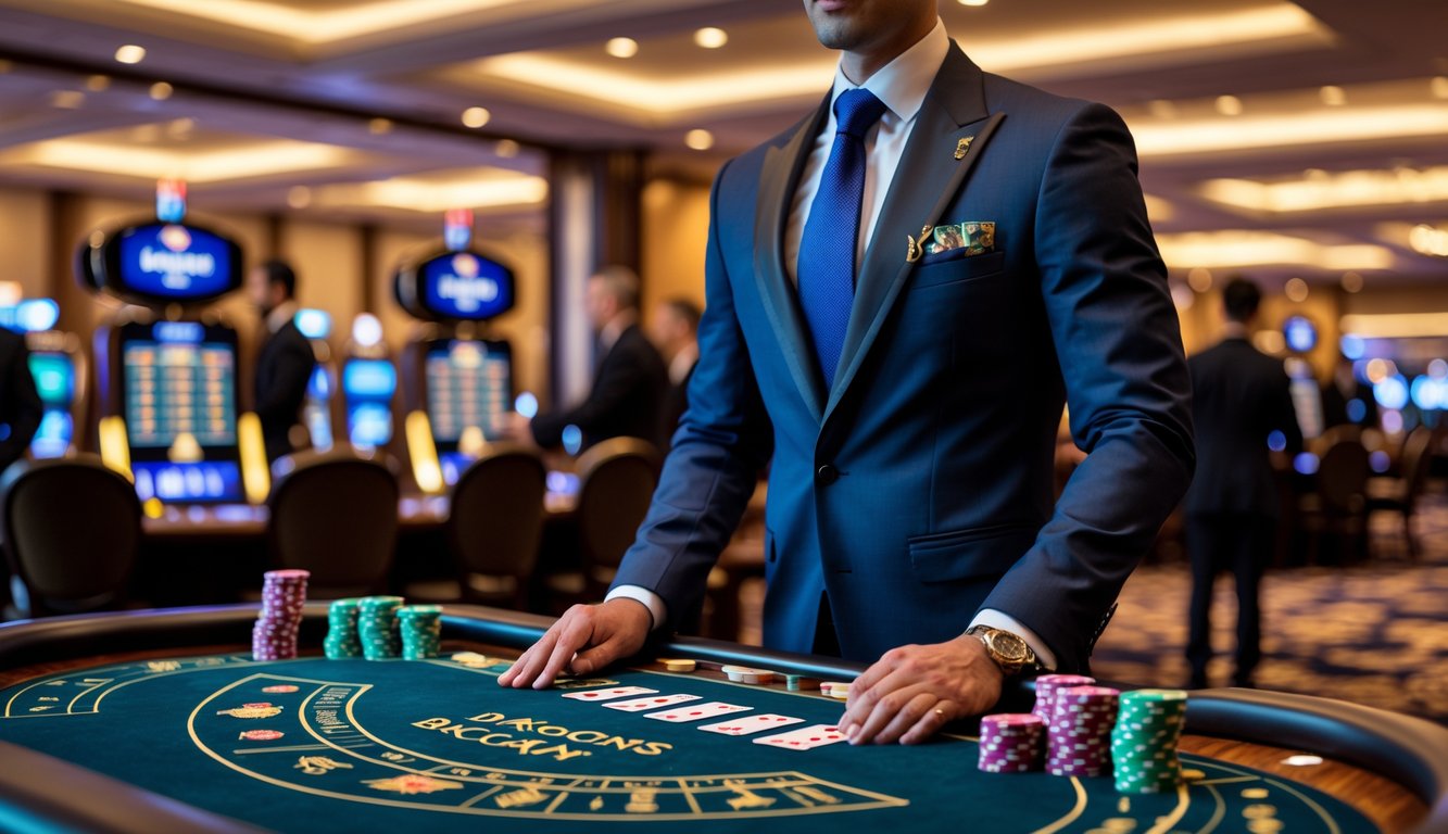 Seorang dealer berjubah rapi berdiri di belakang meja baccarat dengan kartu dan chip tertata, di dalam kasino mewah dengan pencahayaan hangat dan pemain yang fokus.