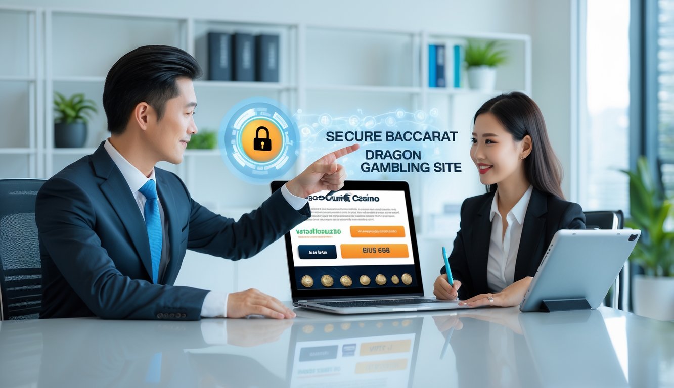 Seorang pria dan wanita sedang duduk di meja modern sambil melihat layar laptop dan mencatat, menunjukkan proses memilih situs judi online yang aman.