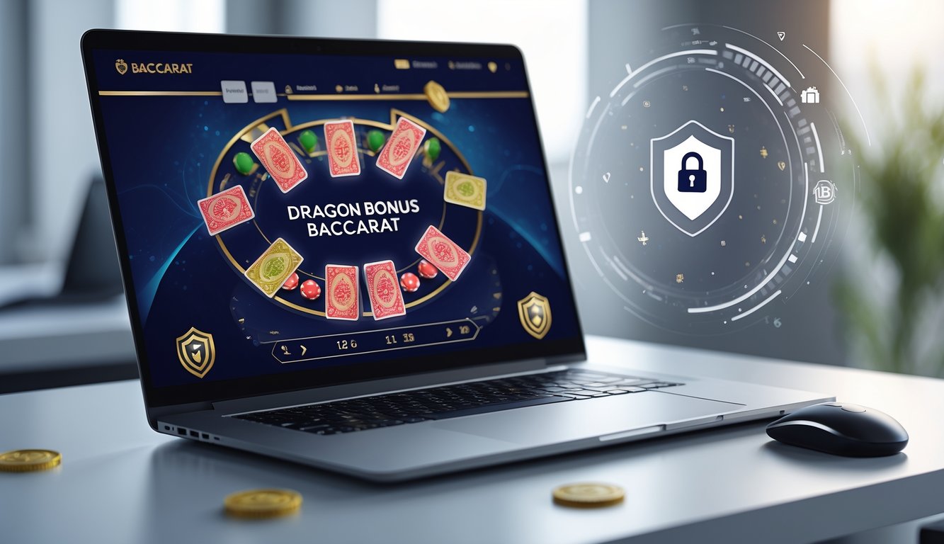 Seorang pengguna komputer sedang bermain baccarat online dengan simbol keamanan di layar, menunjukkan lingkungan permainan yang aman dan terpercaya.