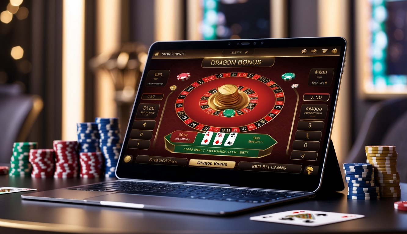 Sebuah laptop menampilkan permainan baccarat online dengan fokus pada fitur Dragon Bonus, dikelilingi oleh chip poker dan kartu remi di atas meja.