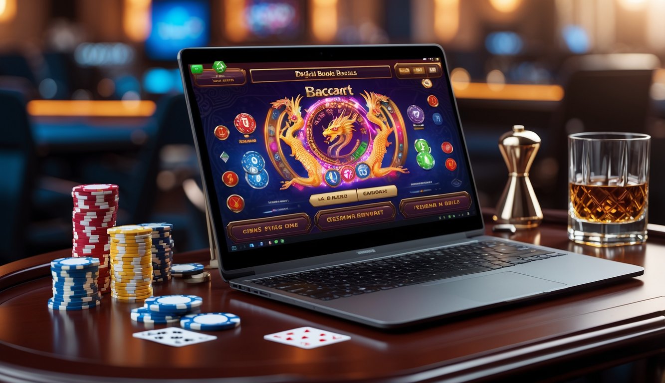 Seorang pemain sedang menggunakan laptop dengan tampilan permainan baccarat online bertema naga, di meja terdapat chip poker dan kartu remi.