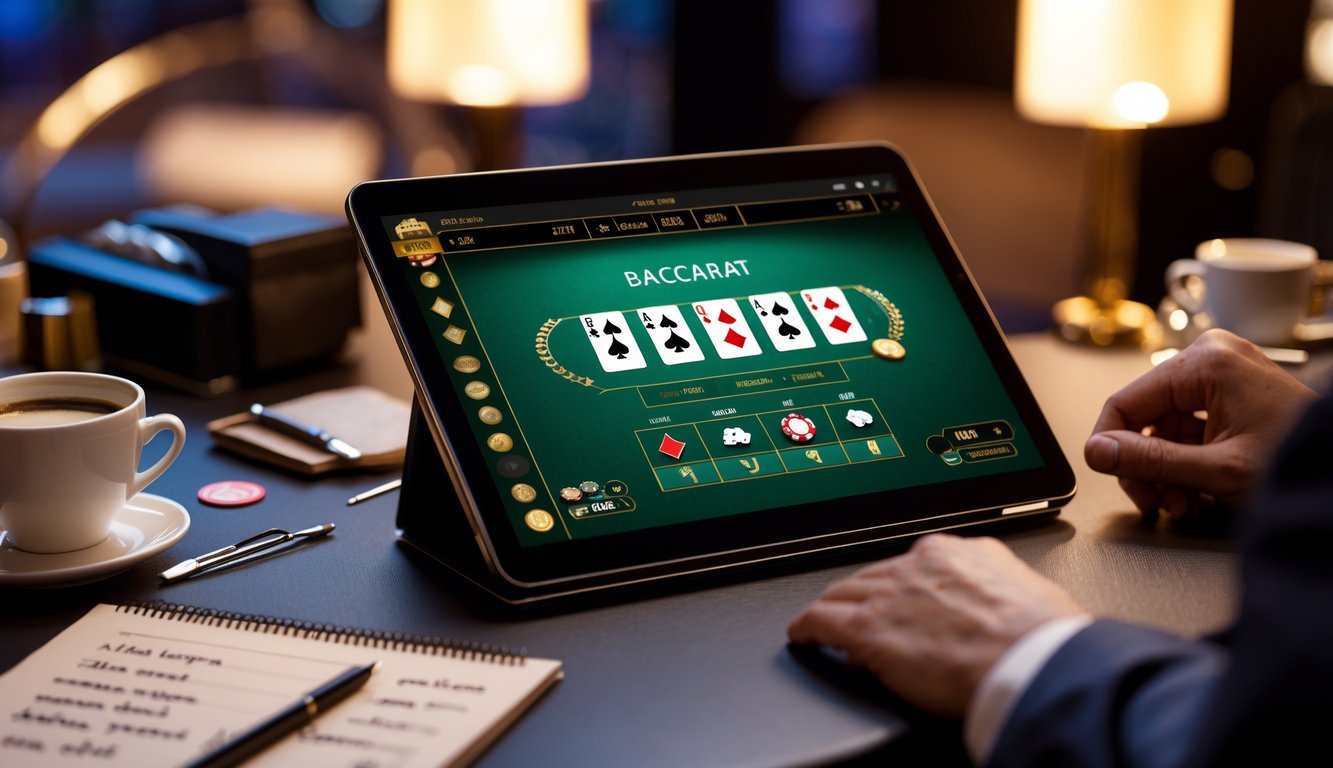Seorang pemain sedang menggunakan tablet untuk bermain baccarat online dengan catatan strategi dan alat tulis di meja.