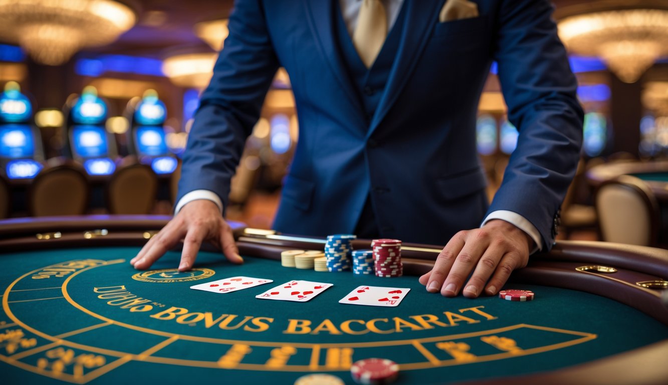 Seorang dealer kasino yang mengenakan jas rapi sedang mengelola meja Baccarat dengan kartu dan chip di sekitarnya.