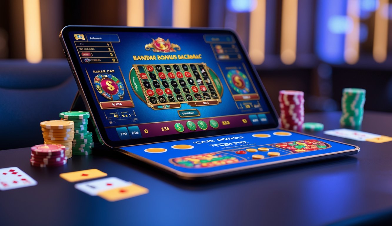 Layar komputer menampilkan permainan baccarat online dengan kartu dan chip di kasino digital.