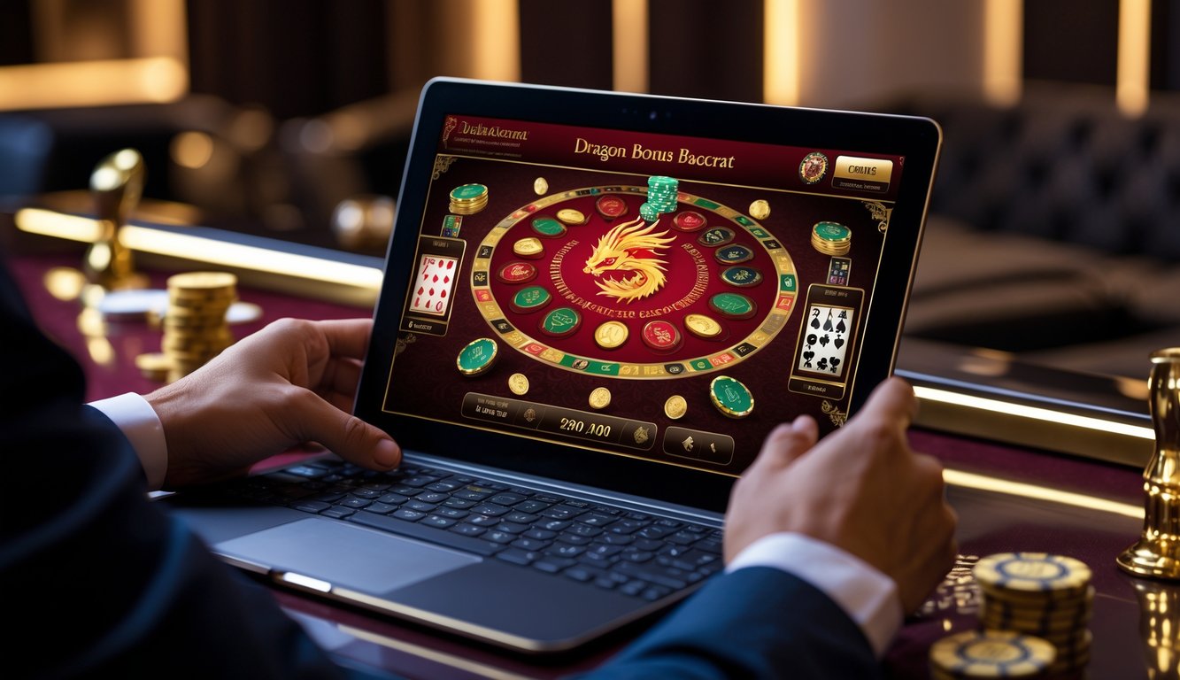 Seorang pemain menggunakan laptop dengan tampilan permainan baccarat online yang menampilkan kartu dan chip di meja digital.