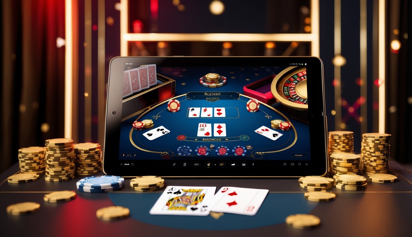 Layar perangkat menampilkan permainan baccarat online dengan kartu dan chip poker di meja yang mewah.
