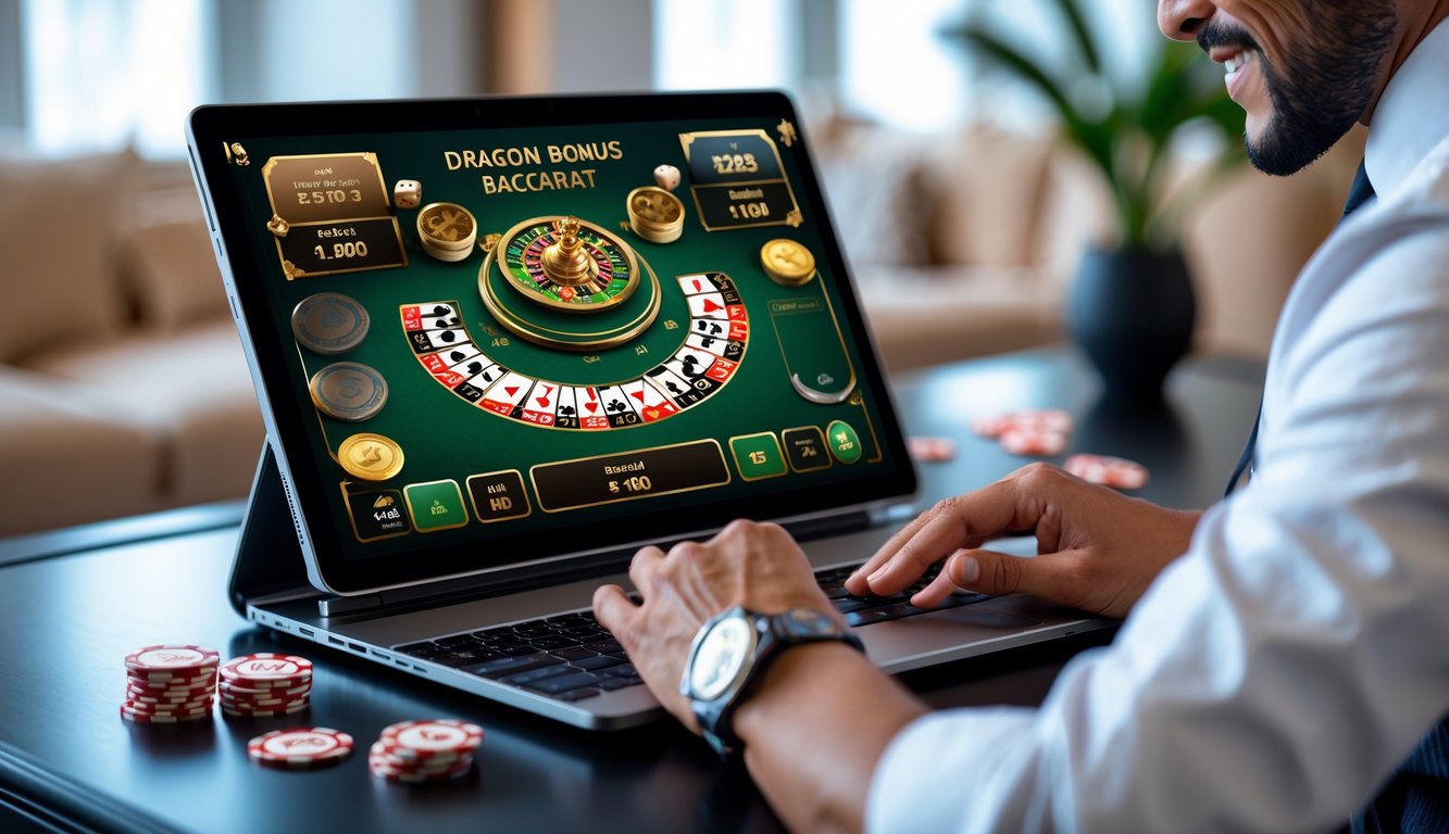Seseorang sedang bermain permainan Dragon Bonus Baccarat online menggunakan laptop di lingkungan yang nyaman dan modern.