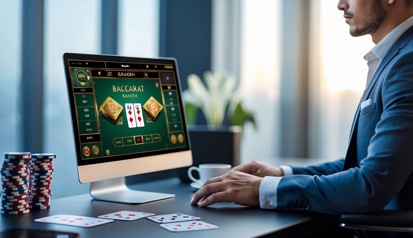 Seorang pemain duduk di depan komputer yang menampilkan permainan Bandar Dragon Bonus Baccarat online dengan ekspresi fokus dan suasana meja permainan yang rapi.