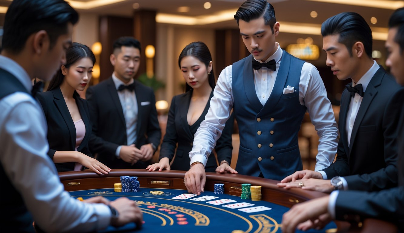 Seorang dealer dan beberapa pemain sedang bermain baccarat di meja kasino dengan suasana serius dan fokus.