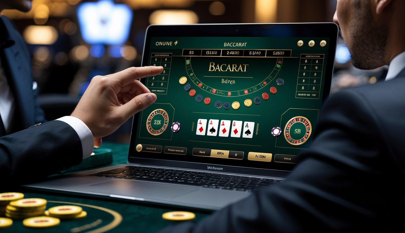 Seorang pemain berpengalaman sedang bermain Baccarat online dengan tampilan layar permainan dan chip di depan mereka dalam suasana kasino yang mewah.
