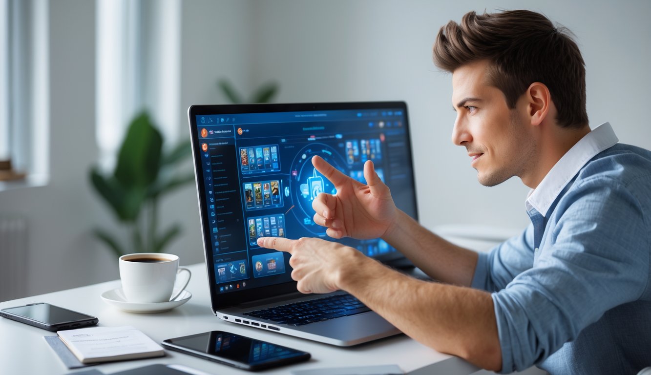 Seorang pria muda duduk di meja dengan laptop, fokus bermain permainan kartu online di ruangan yang terang.