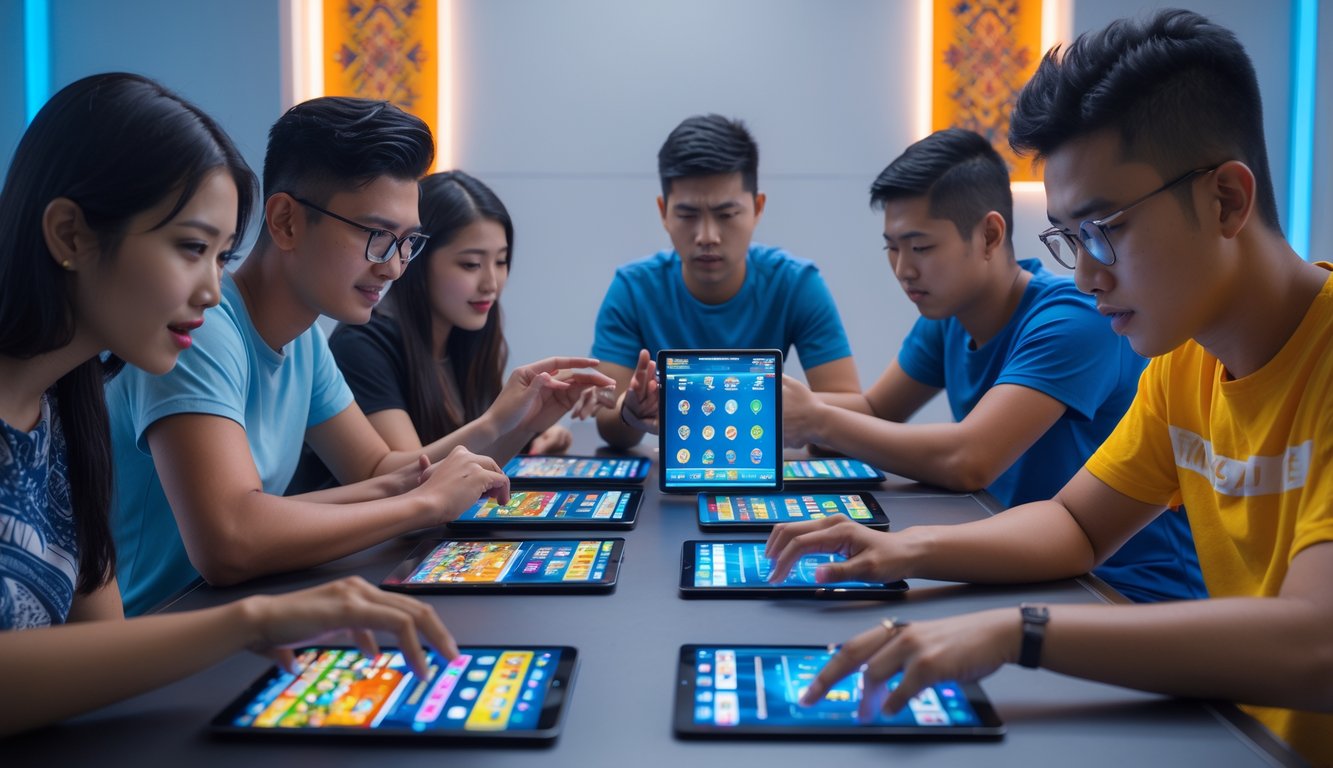 Sekelompok orang muda sedang bermain permainan kartu Bandar Ceme Speed secara online dengan menggunakan perangkat digital di sebuah meja modern.