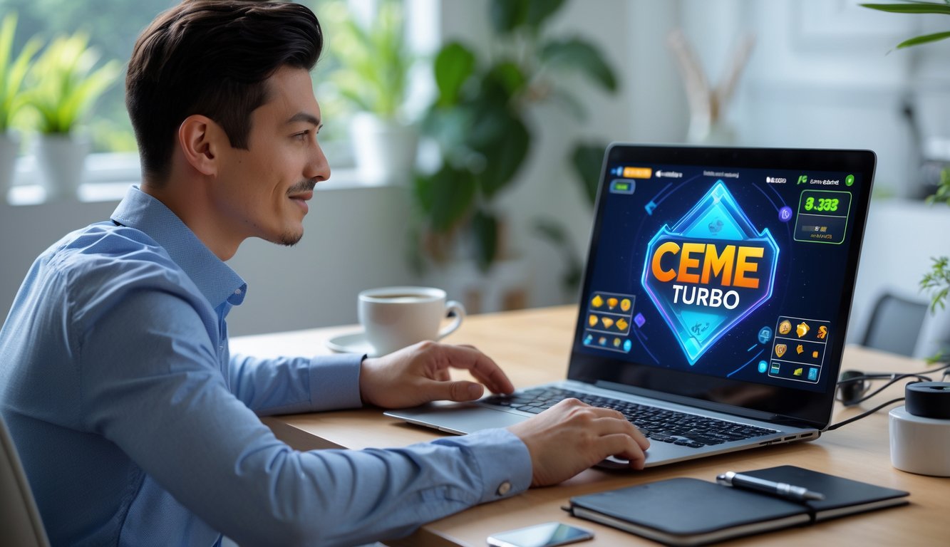 Seorang pria muda duduk di meja dengan laptop, bermain permainan kartu online di ruang kerja yang nyaman.