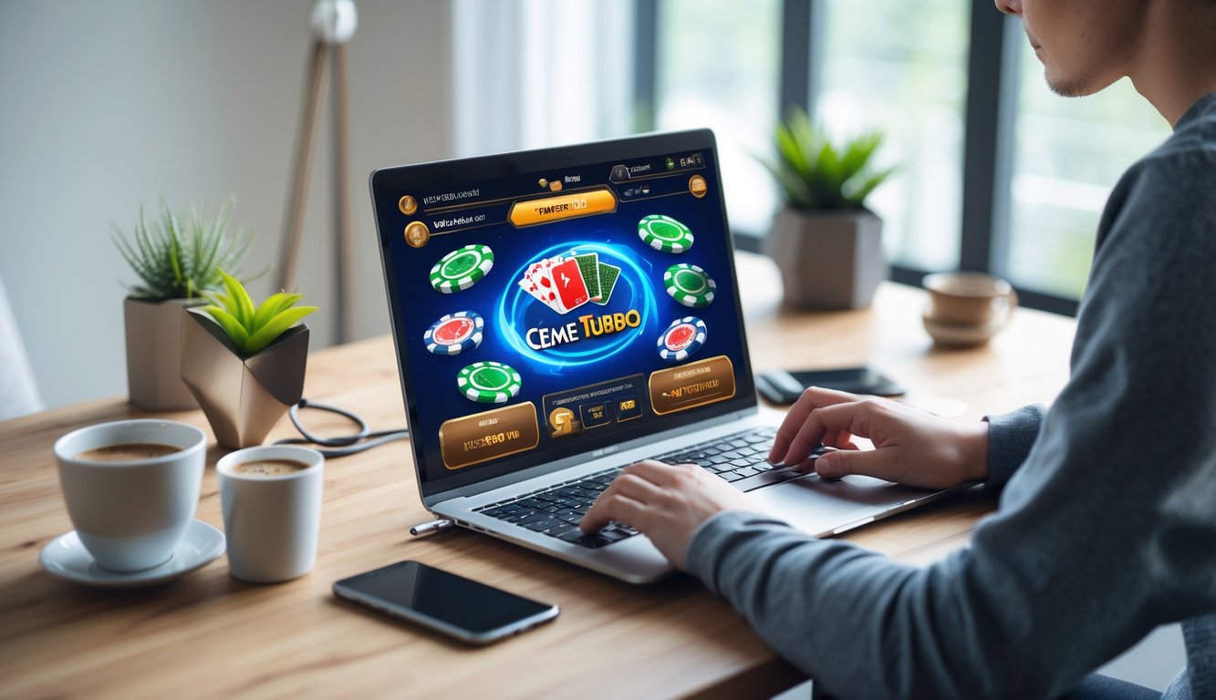 Seorang dewasa muda bermain permainan kartu online di laptop di ruang kerja rumah yang terang dan rapi.