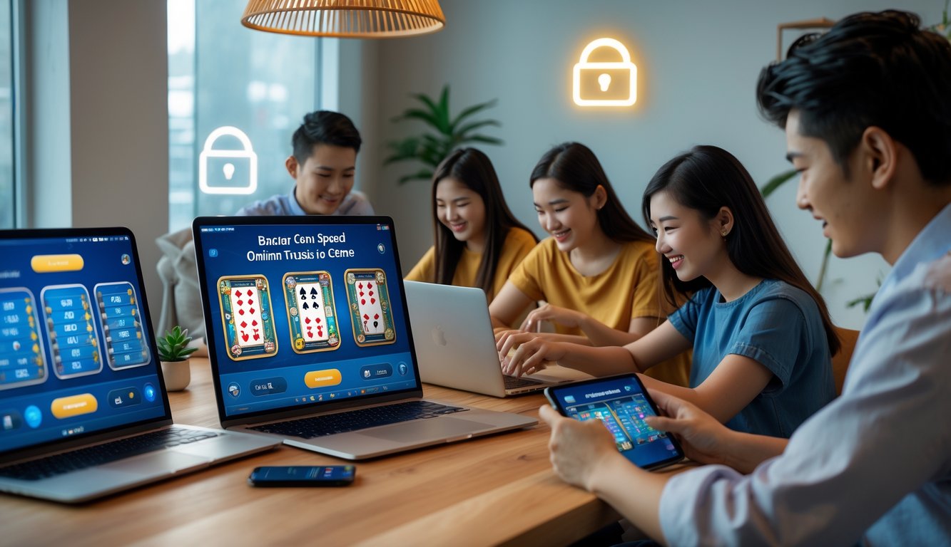 Sekelompok orang muda bermain permainan kartu Bandar Ceme Speed secara online menggunakan laptop dan smartphone di ruangan yang nyaman dan terang.