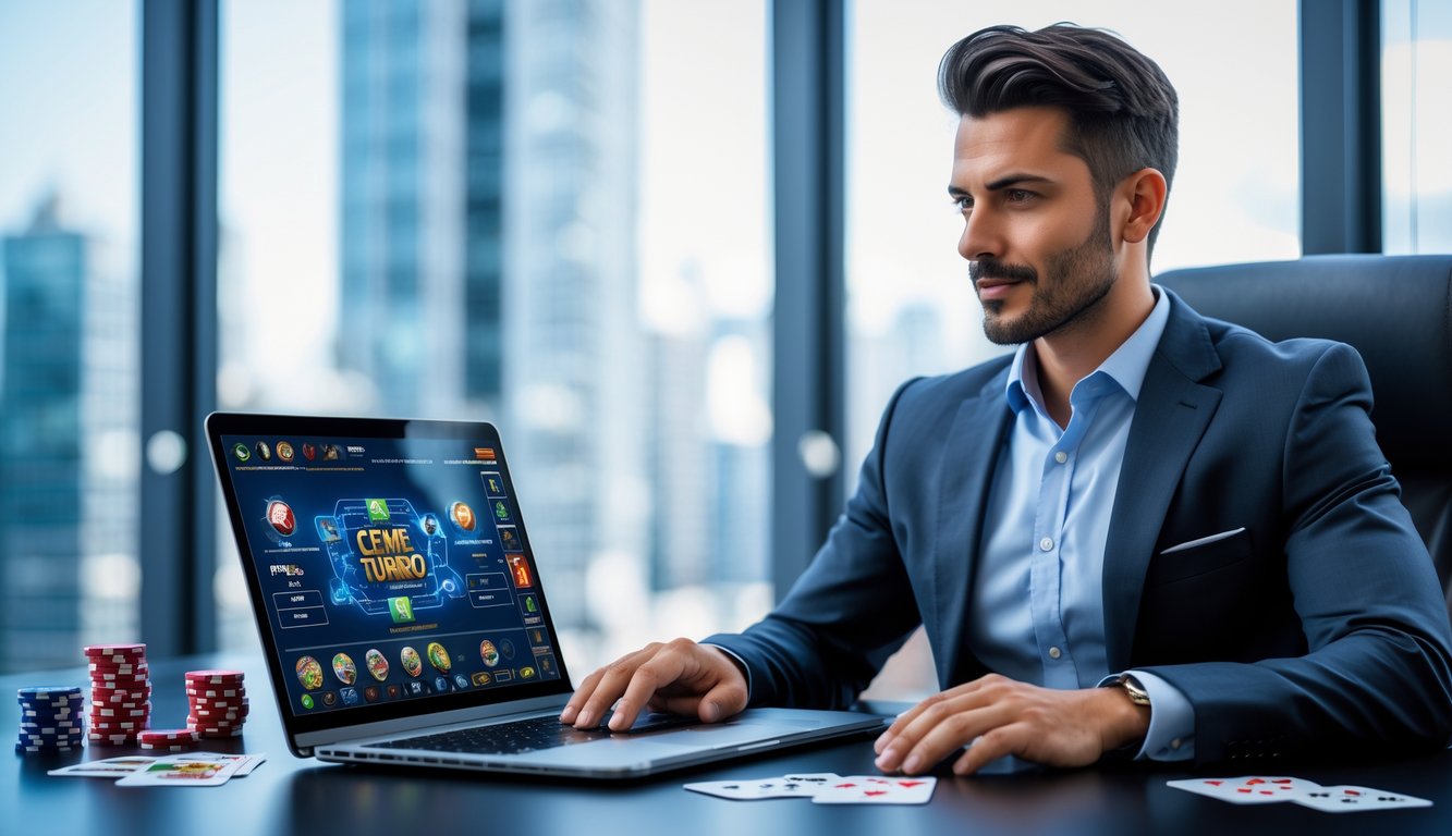 Seorang pria bisnis percaya diri duduk di meja modern dengan laptop menampilkan permainan kartu online, di ruang kantor dengan pemandangan kota.