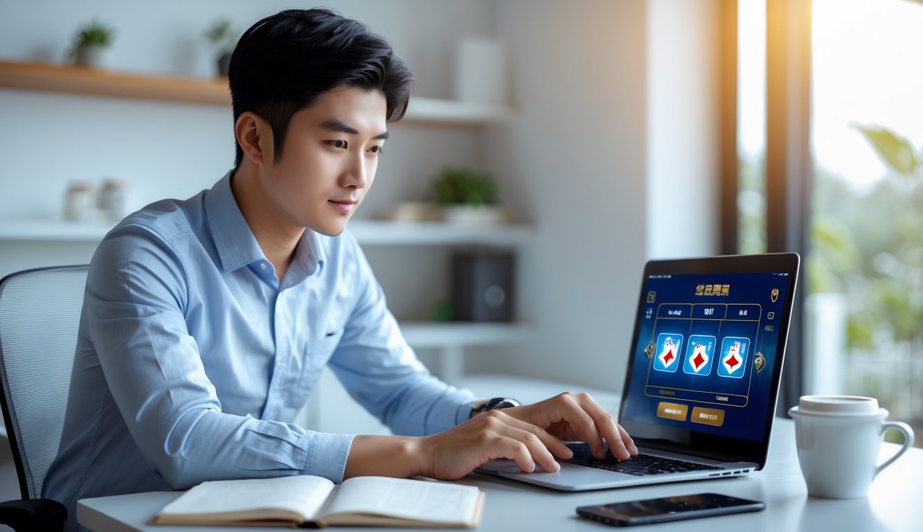 Seorang pria muda duduk di meja kerja dengan laptop, fokus pada layar yang menampilkan permainan kartu digital.