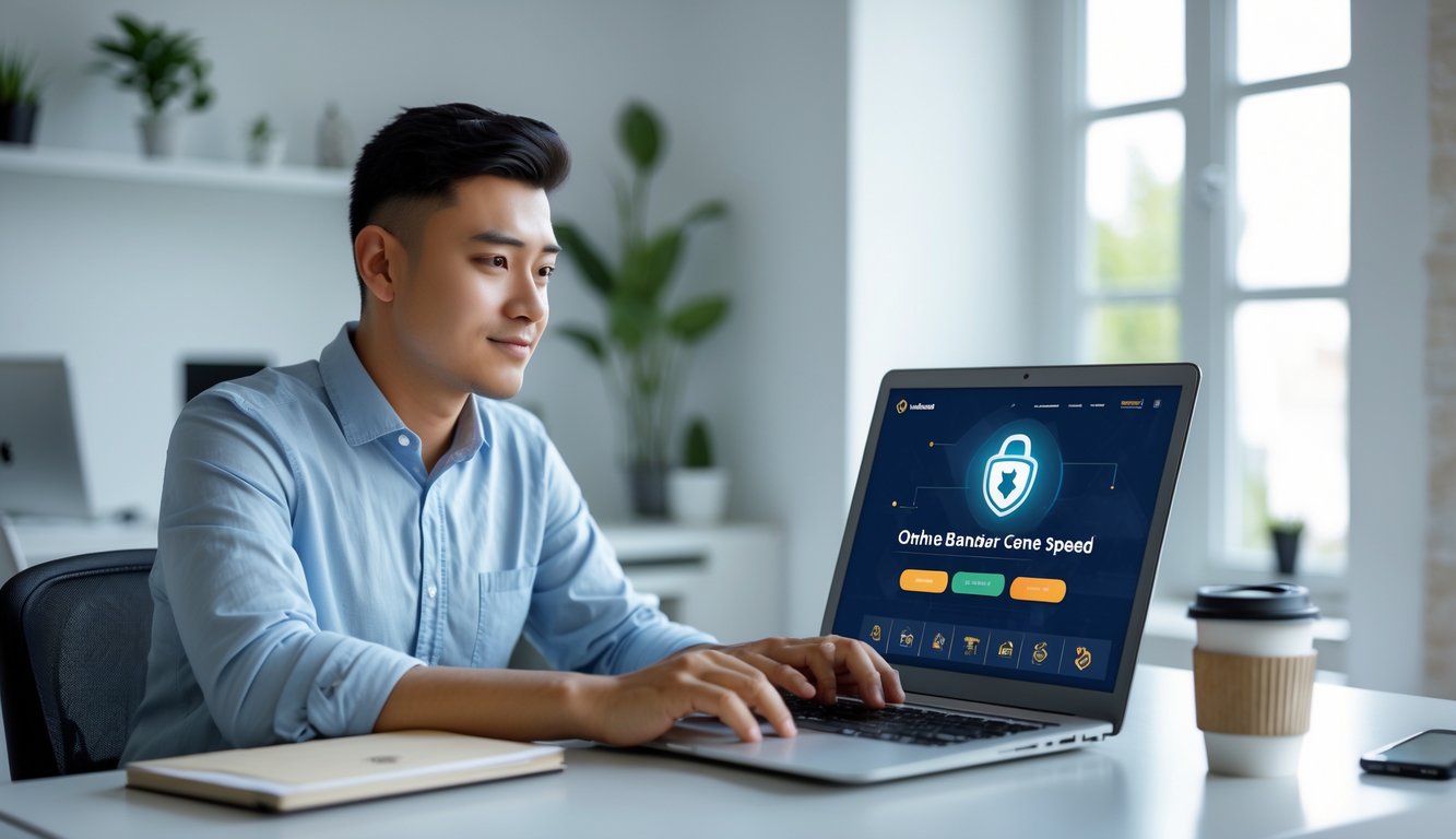 Seorang pria muda duduk di meja kerja dengan laptop, fokus melihat layar yang menunjukkan situs judi online yang aman dan terpercaya.