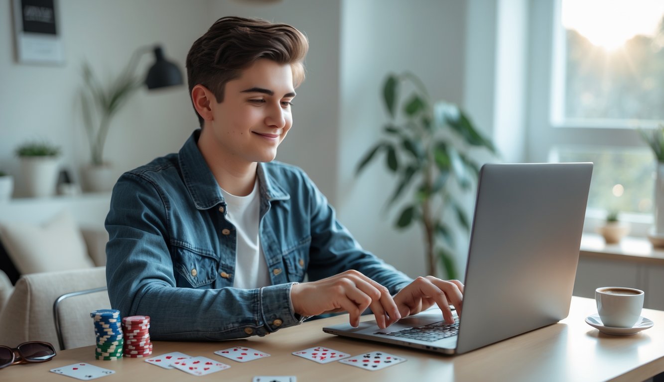 Seorang dewasa muda duduk di meja dengan laptop, bermain permainan kartu online dengan ekspresi fokus dan percaya diri.