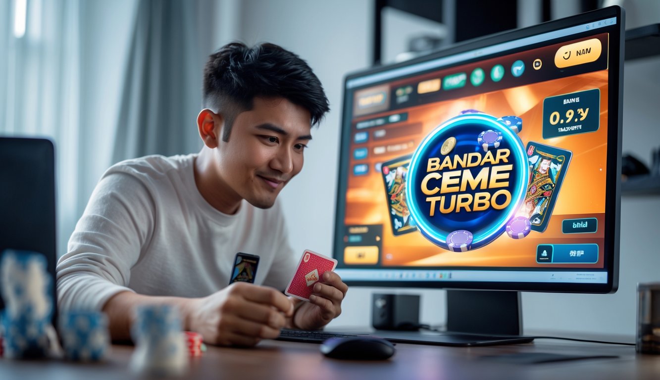 Seorang pemain muda sedang bermain Bandar Ceme Turbo online di depan komputer dengan ekspresi fokus dan suasana ruangan yang rapi.