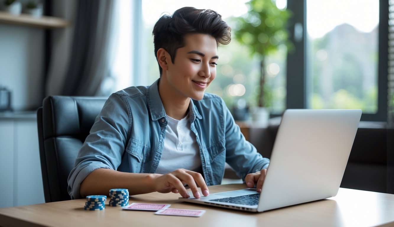 Seorang dewasa muda sedang bermain permainan kartu online dengan laptop di meja dalam ruangan yang terang dan nyaman.