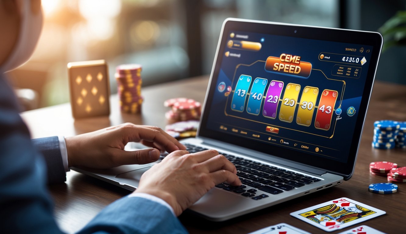 Seseorang sedang bermain permainan Ceme Speed online di laptop dengan chip poker dan kartu di meja.