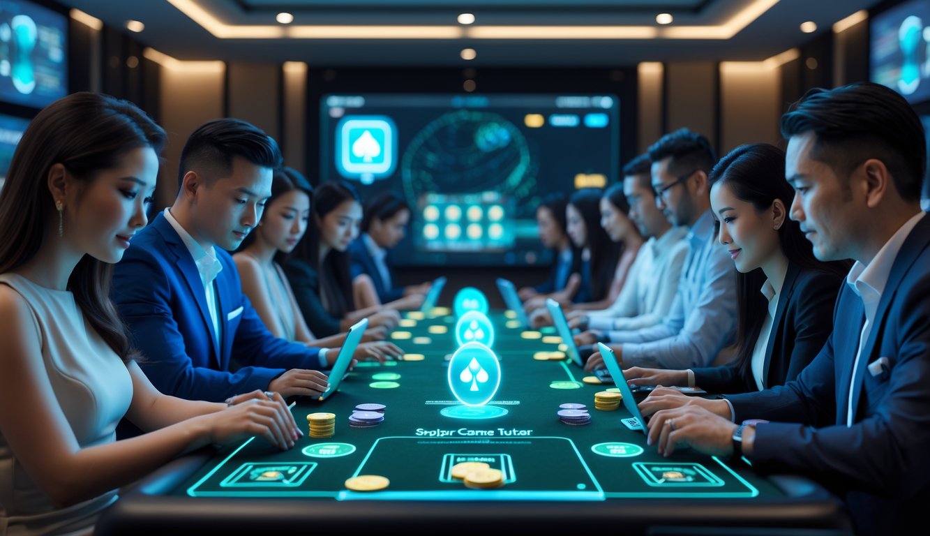 Beberapa orang bermain kartu Bandar Ceme Turbo secara online menggunakan laptop dan ponsel di sebuah ruangan modern dengan pencahayaan lembut.