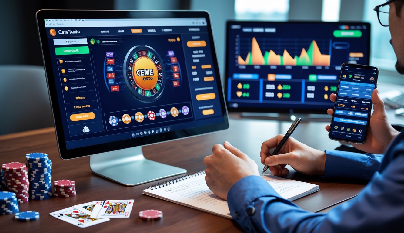 Seseorang sedang menganalisis strategi permainan Ceme Turbo online di depan laptop dengan grafik dan kartu bermain di meja.