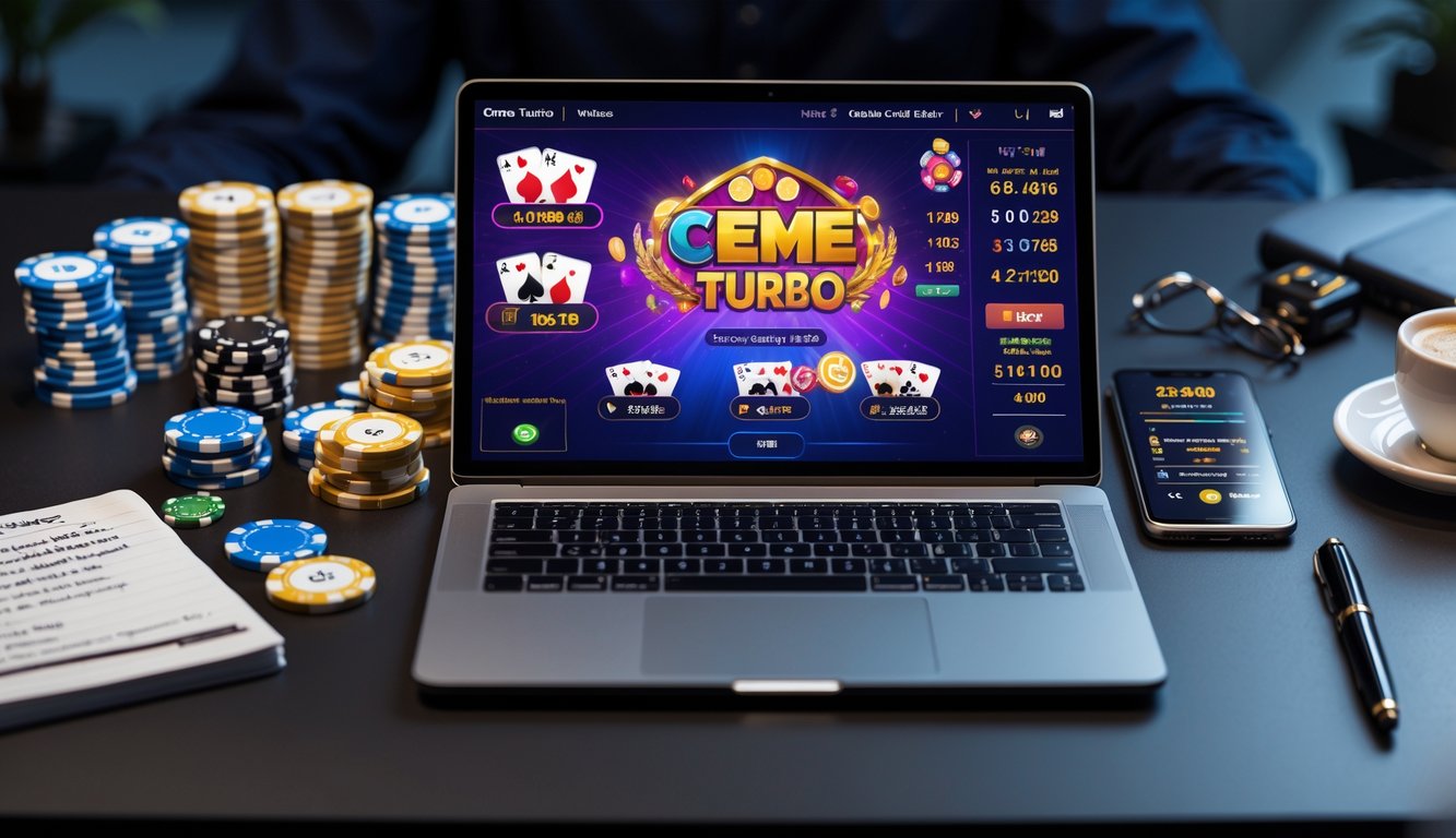 Seorang pemain sedang menggunakan laptop dengan tampilan permainan Ceme Turbo online, dikelilingi oleh chip poker, kartu, dan smartphone di atas meja kerja.