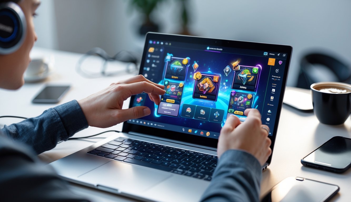 Seseorang menggunakan laptop di meja kerja dengan tampilan permainan kartu digital di layar.