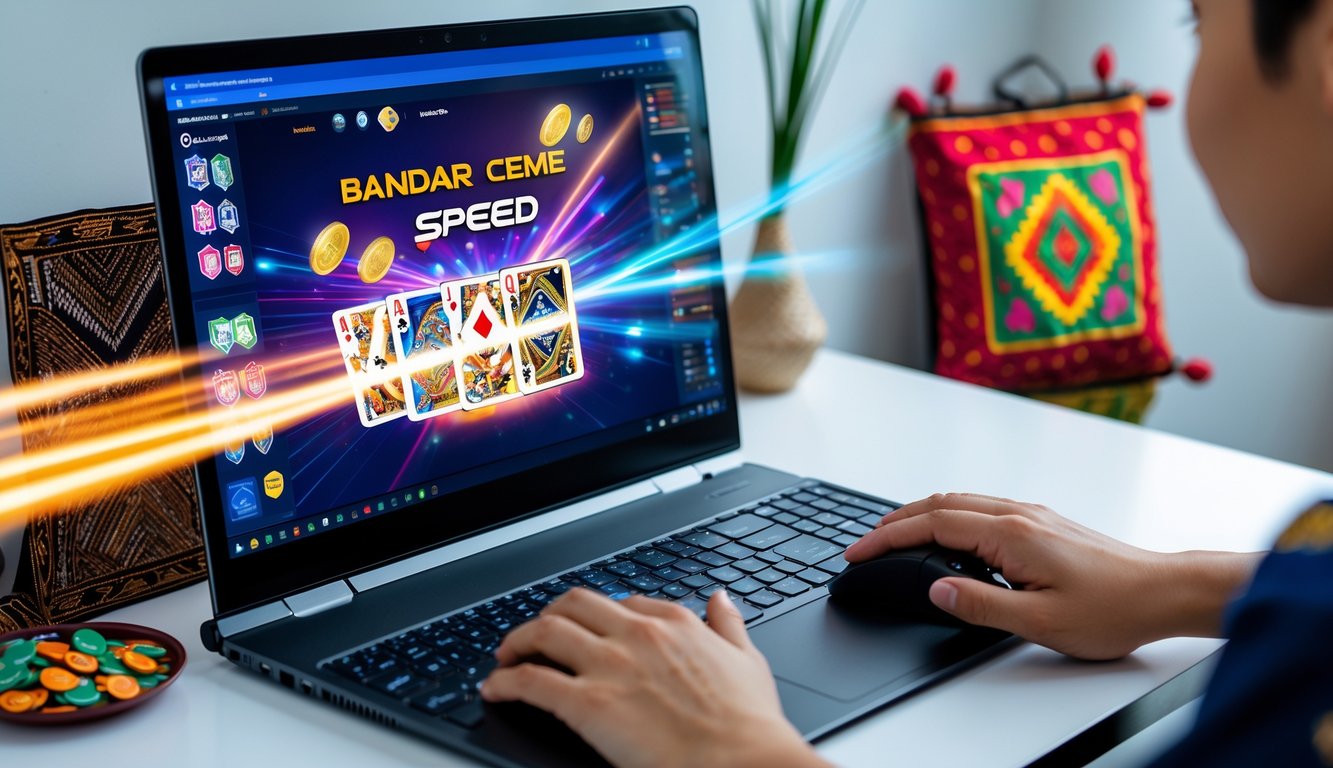 Seorang pengguna bermain Bandar Ceme Speed online di komputer dengan layar menampilkan kartu dan chip di ruang kerja yang terang dan rapi.