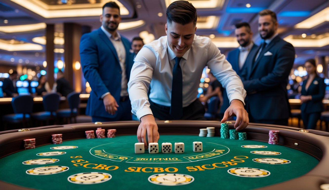 Seorang pemain sedang melempar dadu di meja Sicbo di dalam kasino dengan suasana profesional dan pencahayaan yang baik.