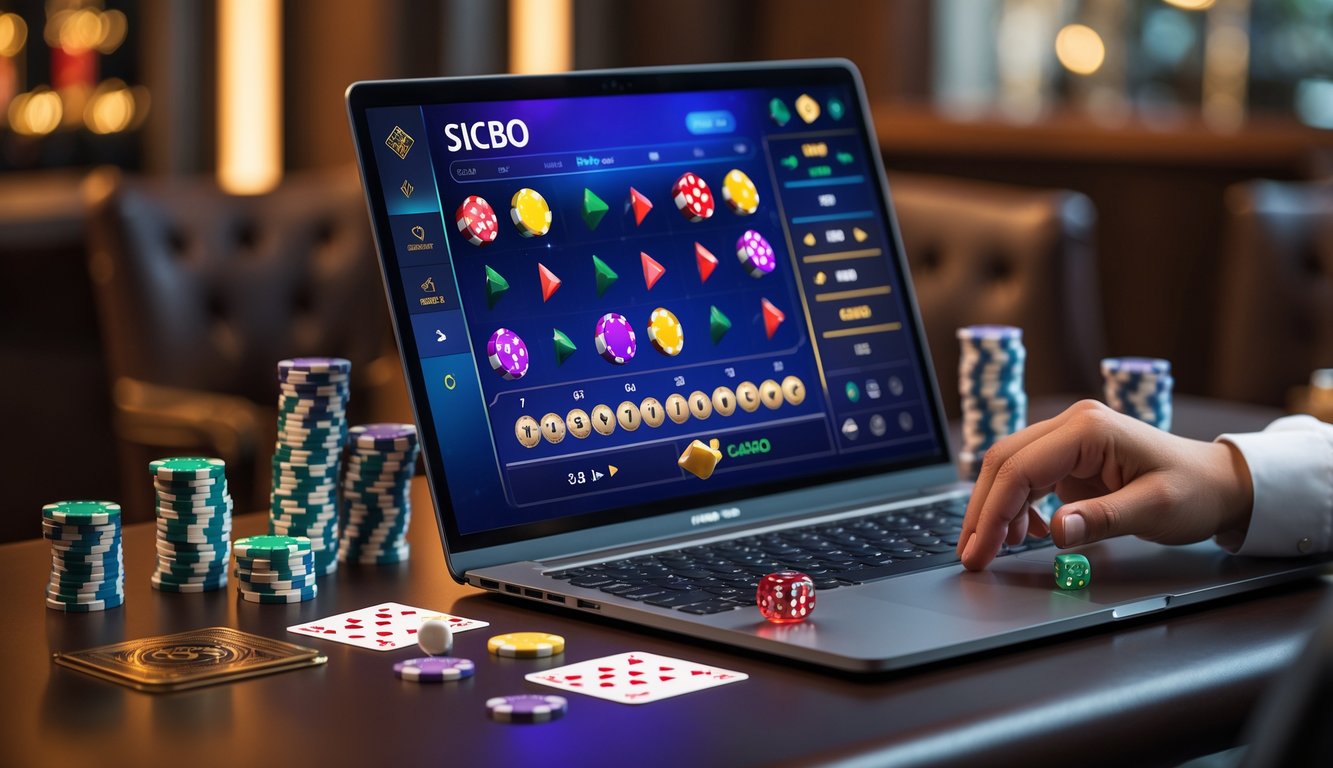 Seorang pemain menggunakan komputer untuk bermain Sicbo online dengan dadu dan chip kasino di meja.