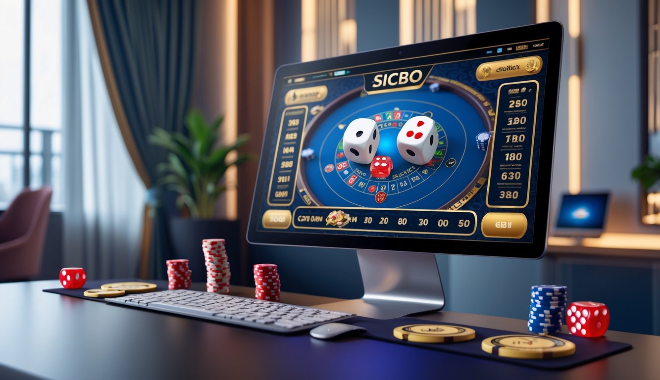 Sebuah meja dengan komputer yang menampilkan permainan Sicbo online, dikelilingi oleh dadu dan chip judi di ruangan yang terang dan rapi.