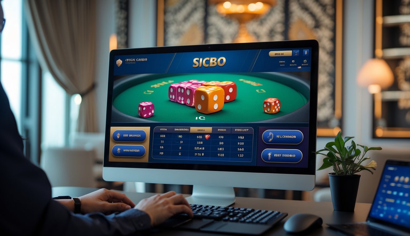 Seseorang bermain permainan Sicbo online di depan layar komputer dengan dadu dan pilihan taruhan terlihat, di sebuah ruang kerja yang rapi dengan dekorasi bertema Indonesia.