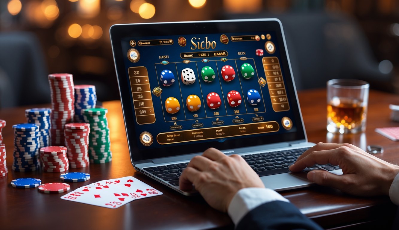 Seorang pemain sedang bermain permainan Sicbo online dengan layar komputer menampilkan dadu dan chip kasino di meja kayu.