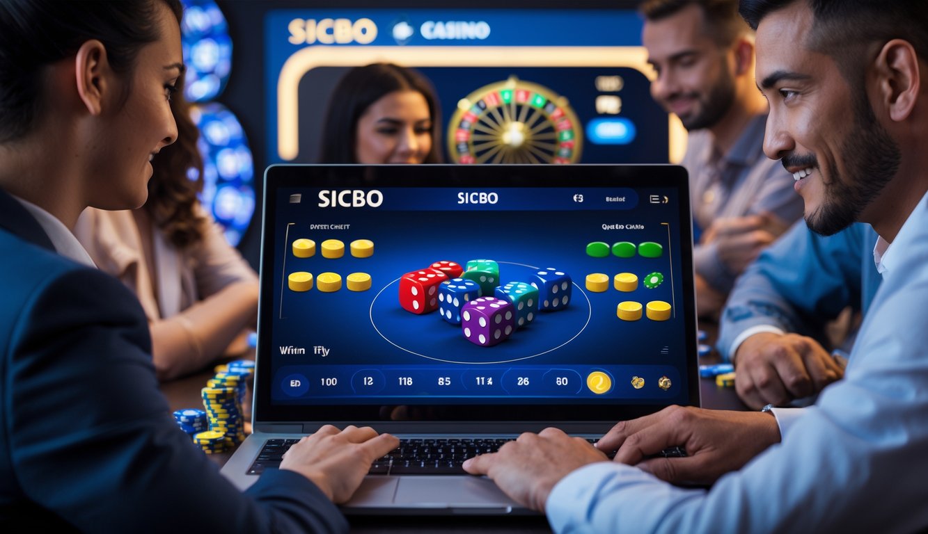 Orang-orang bermain permainan Sicbo online dengan tampilan dadu di layar komputer dalam suasana kasino modern.