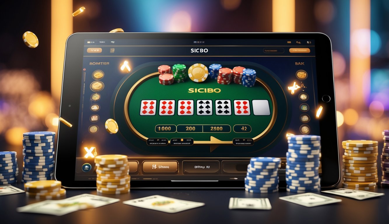 Sebuah layar perangkat menampilkan permainan Sicbo online dengan dadu berwarna cerah dan tumpukan chip kasino di sekitarnya.