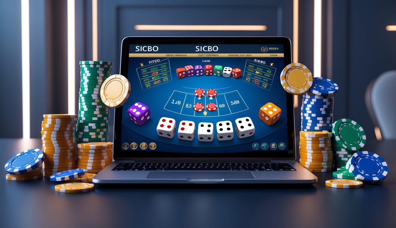 Seorang pemain sedang bermain Sicbo online di depan layar komputer dengan dadu warna-warni dan chip kasino di sekitarnya.