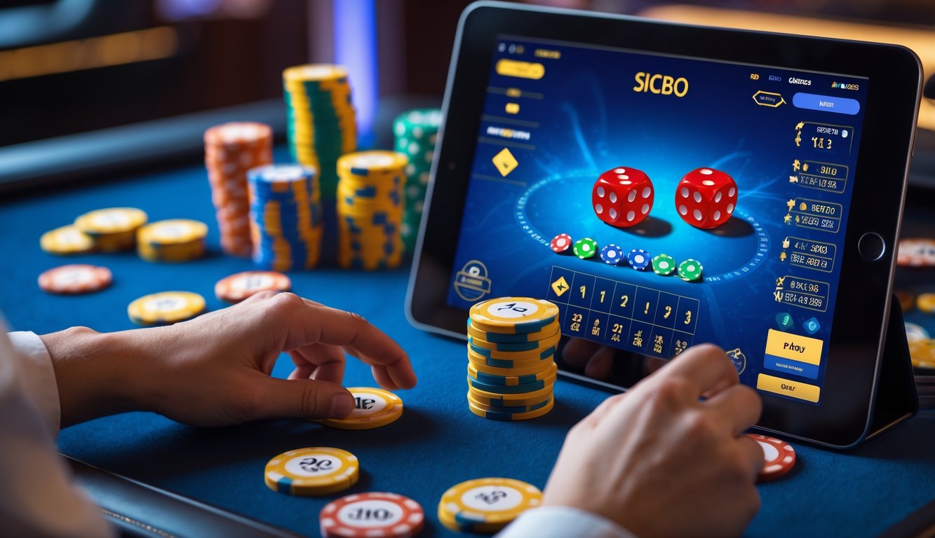 Seseorang menggunakan perangkat digital untuk bermain permainan dadu Sicbo dengan chip taruhan di meja.