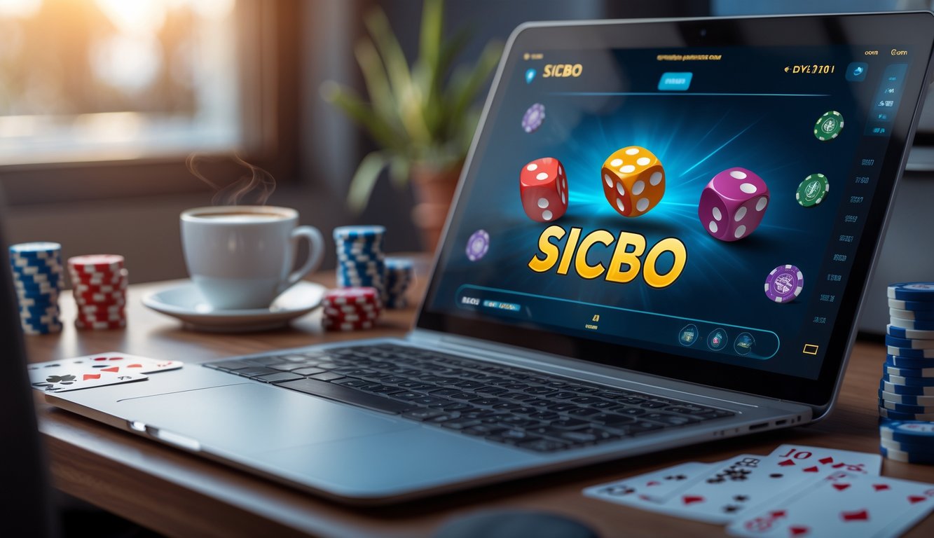 Sebuah layar perangkat digital menampilkan permainan dadu Sicbo online dengan tiga dadu berwarna, dikelilingi oleh chip poker dan kartu remi di atas meja.