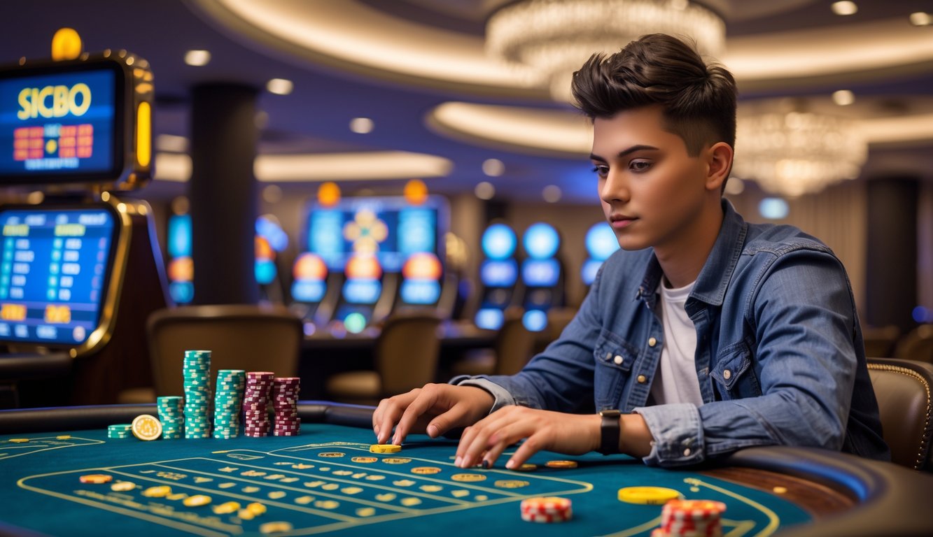 Seorang dewasa muda duduk di meja kasino bermain permainan dadu Sicbo dengan tumpukan chip kecil di depan.