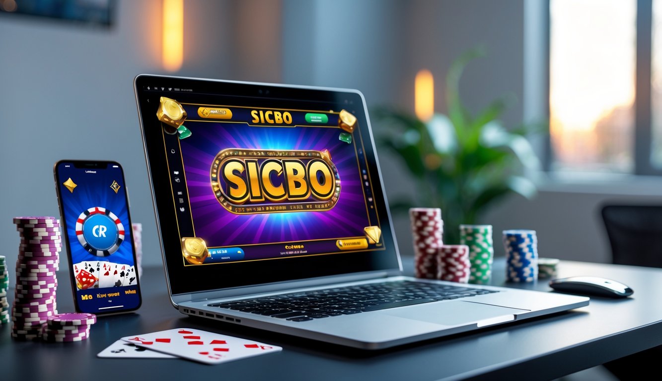 Seorang pemain menggunakan laptop dengan tampilan permainan Sicbo online, di meja terdapat chip poker dan kartu remi, suasana nyaman dan terang.